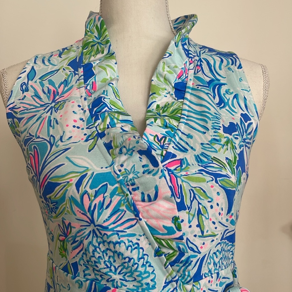 LILLY PULITZER COASTAL BLUE LION AROUND WRAP DRESS WITH RUFFLE - Picture 4 of 12